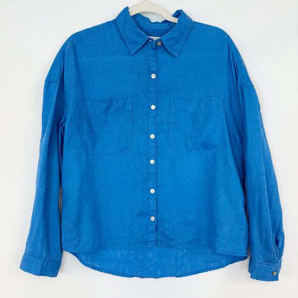Rachel Zoe 100% Linen Long Sleeve Button Down High-Low Top Blue Women's Small - Picture 1 of 12